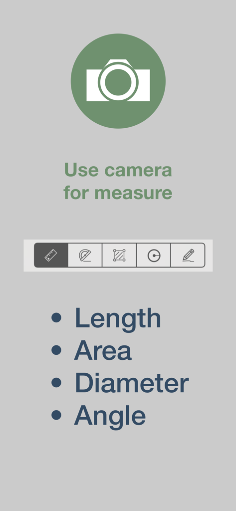 Partometer - camera measure - Partometer app interface showing length area diameter and angle measurement modes