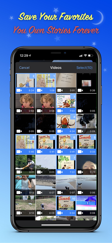 Read Me A Story - Screenshot of the Read Me A Story app showing a library of saved video recordings of children books and personal family videos