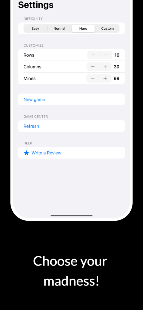 Minesweeper v1.0 - Pantalla de configuración de Minesweeper mostrando niveles de dificultad y opciones de tablero personalizadas para filas, columnas y minas.