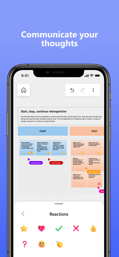 Microsoft Whiteboard - Interface de l'application Microsoft Whiteboard montrant un tableau de rétrospective collaboratif avec des notes autocollantes et un menu de sélection des réactions.