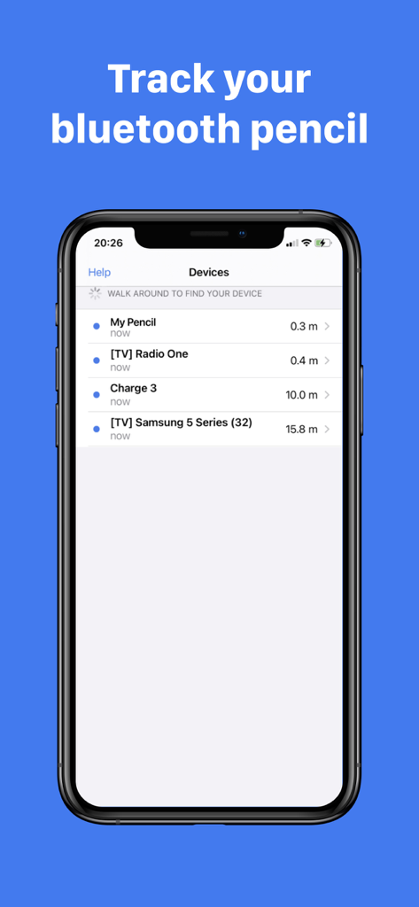 Find My Bluetooth Pencil - 推定距離とともに、近くの追跡デバイスのリストを表示するFind My Bluetooth Pencilアプリ画面