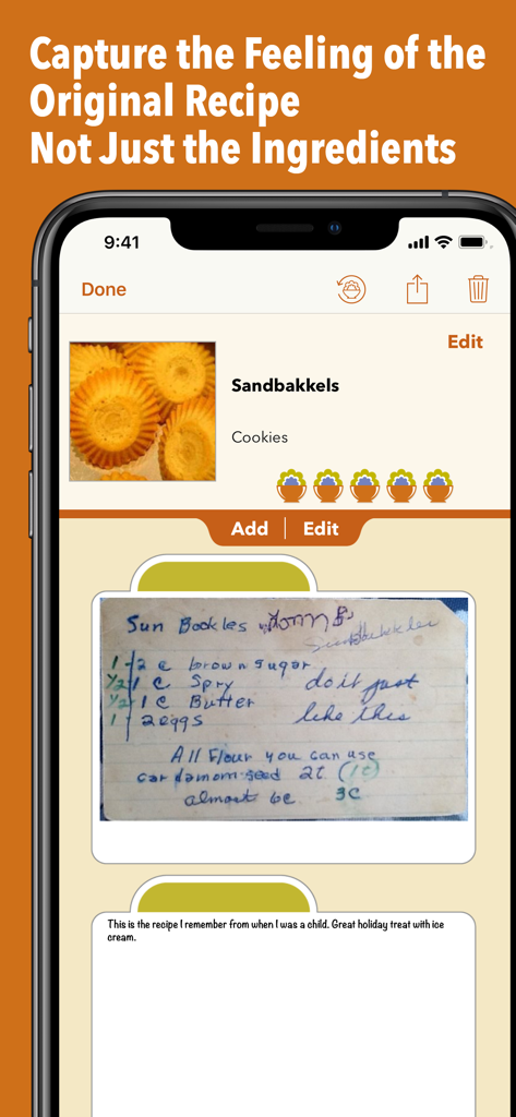 Screenshot of the Recipe Gallery app showing a digitized vintage handwritten recipe card for cookies with personal memories