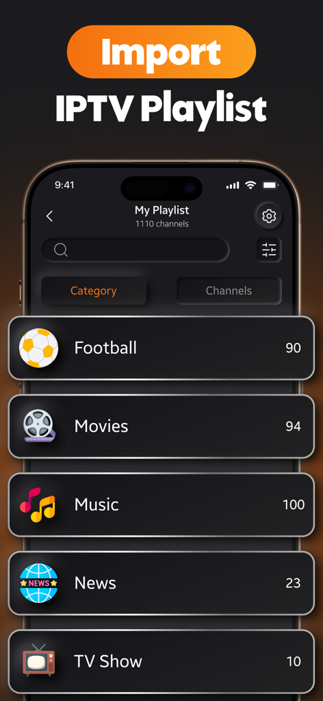 Smart IPTV Player - Online TV - Smart IPTV Player mobile interface displaying categorized streaming playlists for football, movies, music, and news.