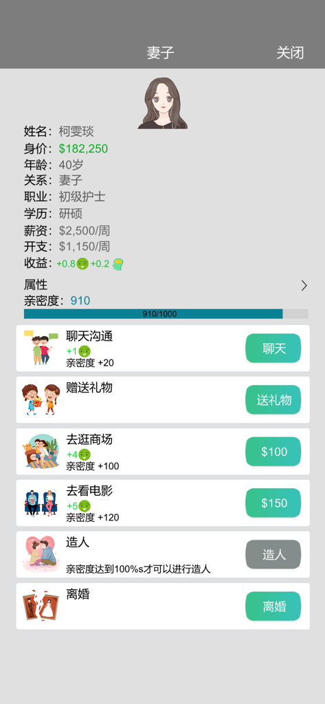 My perfect life：Bit Life - Profilo del personaggio nel gioco che mostra una moglie con statistiche finanziarie e opzioni di interazione in My Perfect Life Bit Life