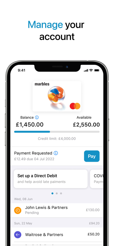 Marbles card app dashboard showing balance available credit and recent transactions