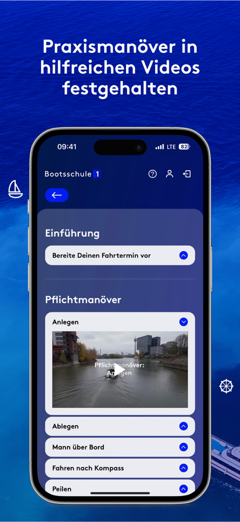 Bootsschule1 - Bootsschule1 mobile app interface displaying practical boating maneuver video tutorials