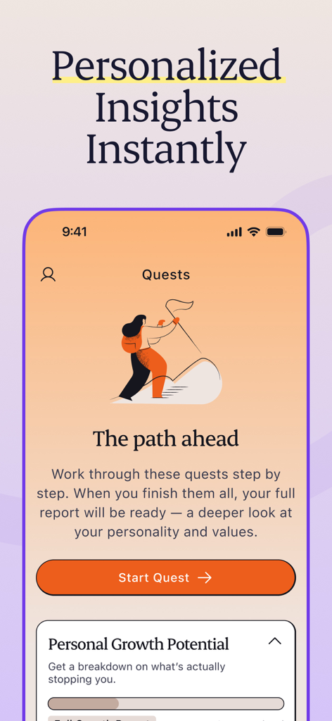 Purpose: Your AI Mentor - Una interfaz de aplicación móvil para Propósito IA Mentor que muestra misiones de crecimiento personal e información