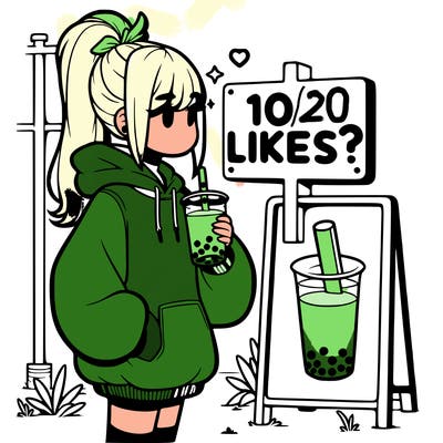 girl with oversized hoodie drinking boba and she has a high ponytail with a sign that says 10likes?