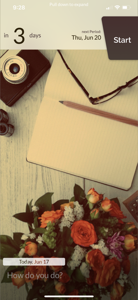 Startbildschirm der Perioden-Tracker-App, der einen Countdown bis zur nächsten Periode mit einem ästhetischen floralen und Tagebuch-Hintergrund zeigt