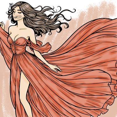 realistic woman in dress flowing the the wind