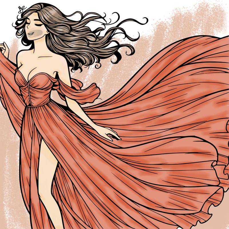 realistic woman in dress flowing the the wind