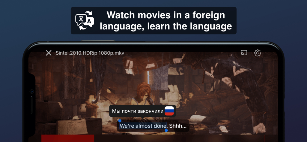 Liquid Player: Save Video - Video player screen showing English subtitles with an instant Russian translation bubble