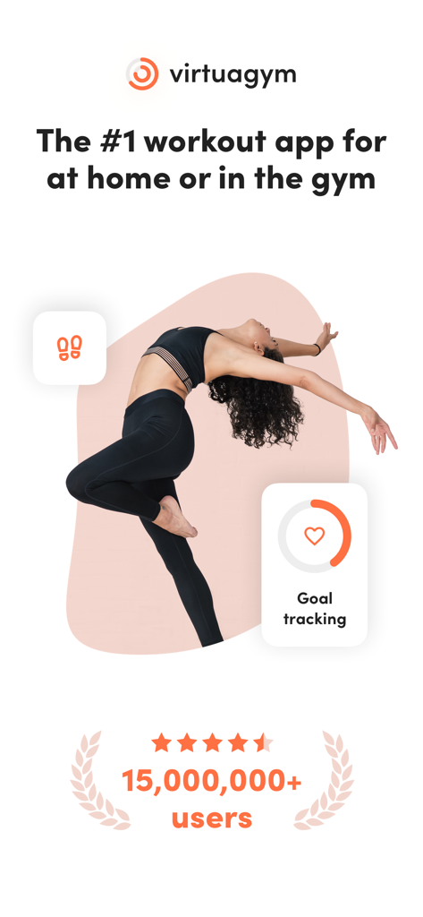 Virtuagym: Fitness & Workouts - Interfaz de la app Virtuagym mostrando a una mujer haciendo ejercicio con funciones de seguimiento de objetivos y valoraciones de usuarios.
