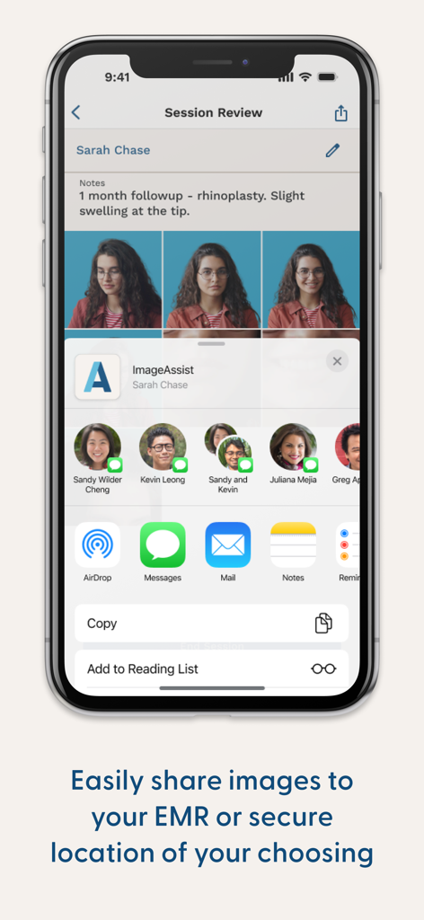 A smartphone interface of ImageAssist showing secure sharing options for clinical patient photographs.