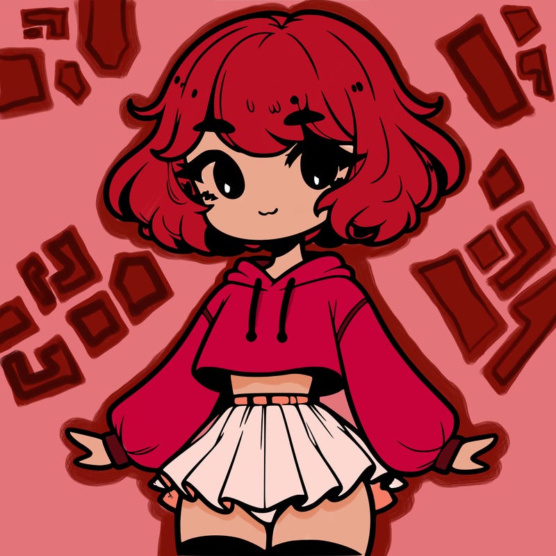 cute femboy with short, fluffy hair that softly frames their face, wearing a cropped hoodie, paired with a flouncy short skirt, and thigh-high stockings