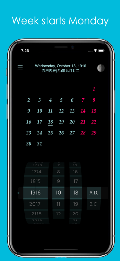 Mobile app interface of a historical calendar showing October 1916 with a Monday week start configuration