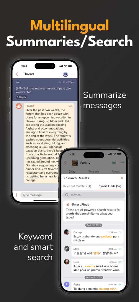 FlaiChat: Instant Translations - Pantallas de la aplicación FlaiChat que muestran resúmenes de chat impulsados por IA y búsqueda inteligente en múltiples idiomas como español, coreano y francés.