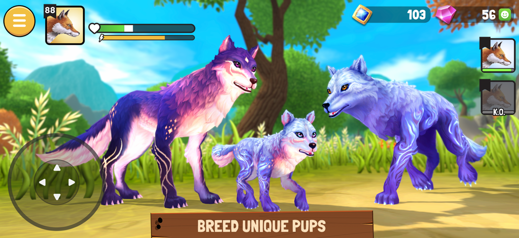 Animal Kingdoms: Wolf Sim MMO - Una familia de tres lobos con patrones de pelaje de fantasía morados y azules brillantes en un paisaje 3D
