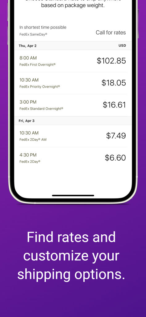 FedEx Mobile app interface displaying various shipping rates and delivery service options.