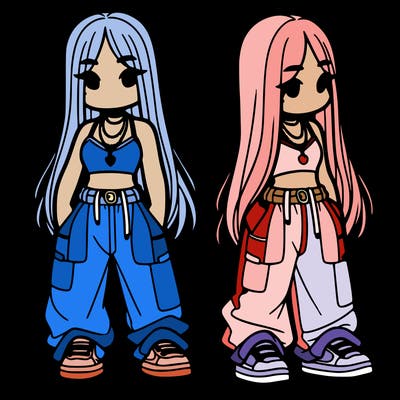 girl in baggy pants crop top and long hair