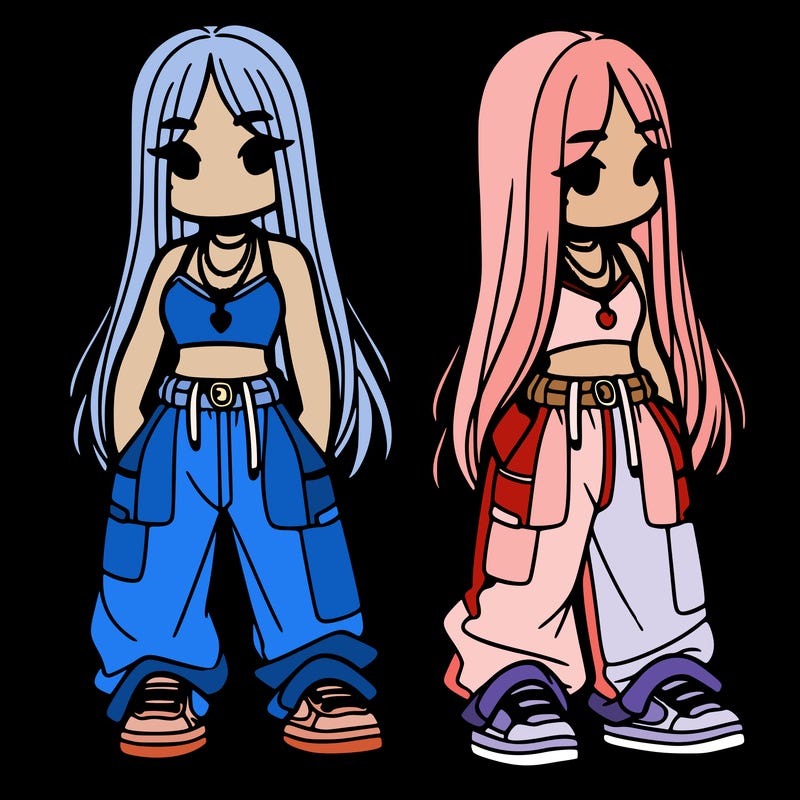 girl in baggy pants crop top and long hair