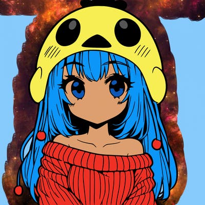 anime girl with chick shaped hat with sweater with bare shoulders with bangs covering them one eye with low tail