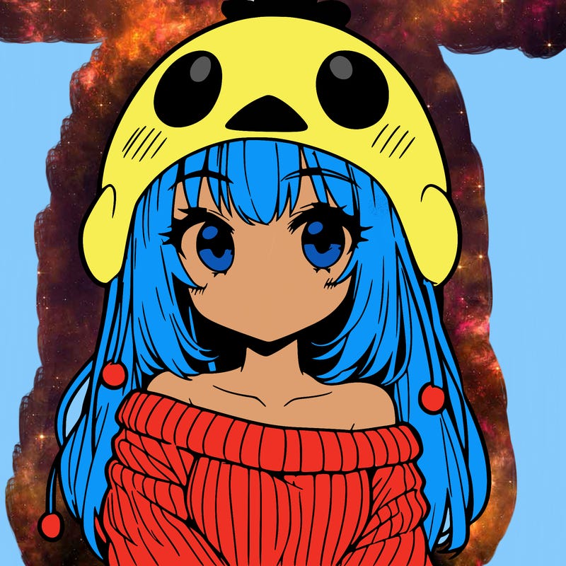 anime girl with chick shaped hat with sweater with bare shoulders with bangs covering them one eye with low tail