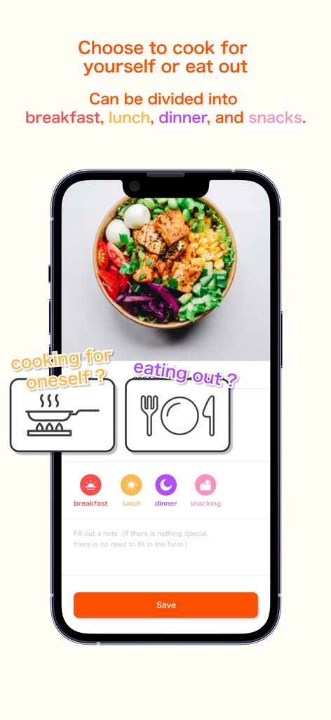 Food log app - Pantalla de teléfono inteligente que muestra la aplicación de registro de comidas con iconos para cocinar para uno mismo, comer fuera y categorías de comidas