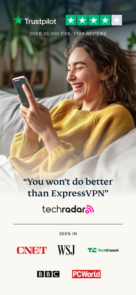 ExpressVPNの信頼シグナルとTechRadar、WSJ、BBCからのプレス推薦が表示されたスマートフォンを使用する幸せそうな女性。