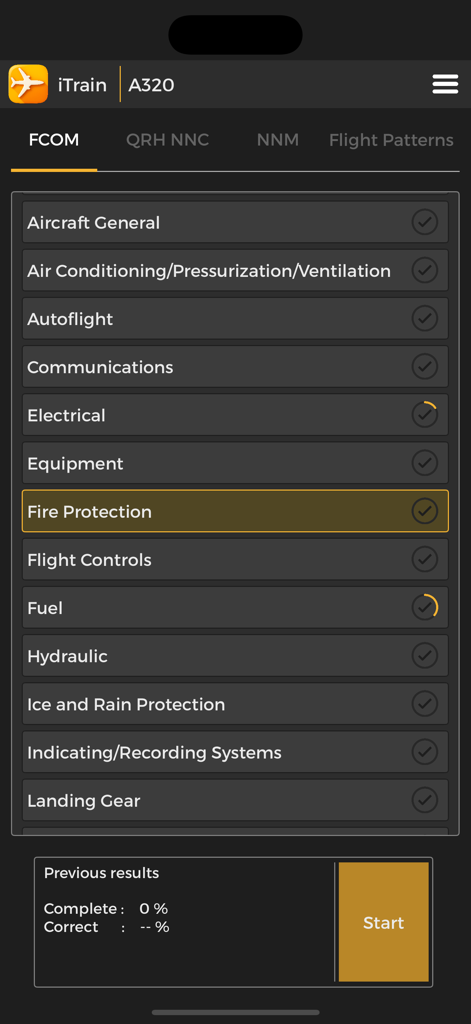 iTrain A320 - iTrain A320 app interface showing the FCOM aircraft systems study menu