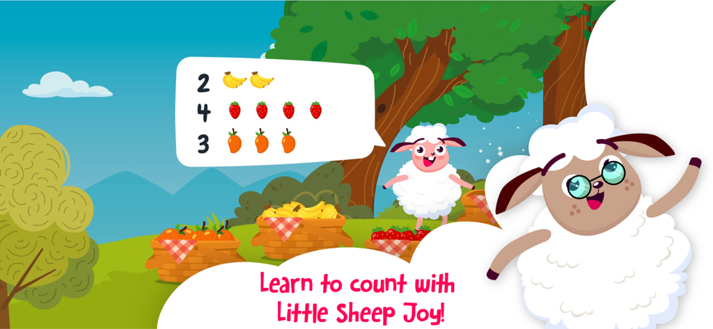 The Little Sheep Joy - A colorful educational counting game for children featuring Joy the sheep and various fruit baskets