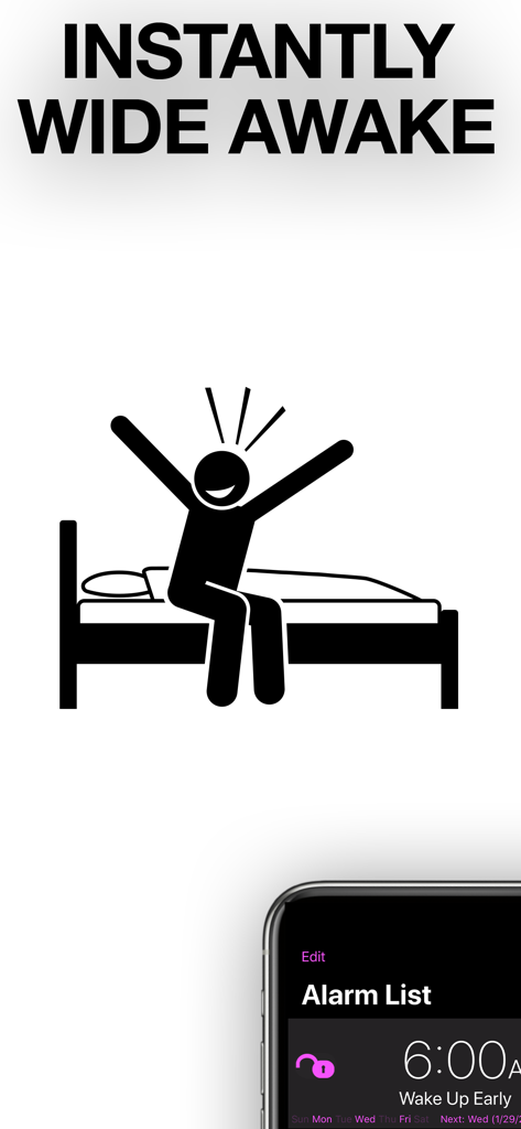 A stick figure waking up instantly in bed next to a smartphone showing a 6 AM alarm list