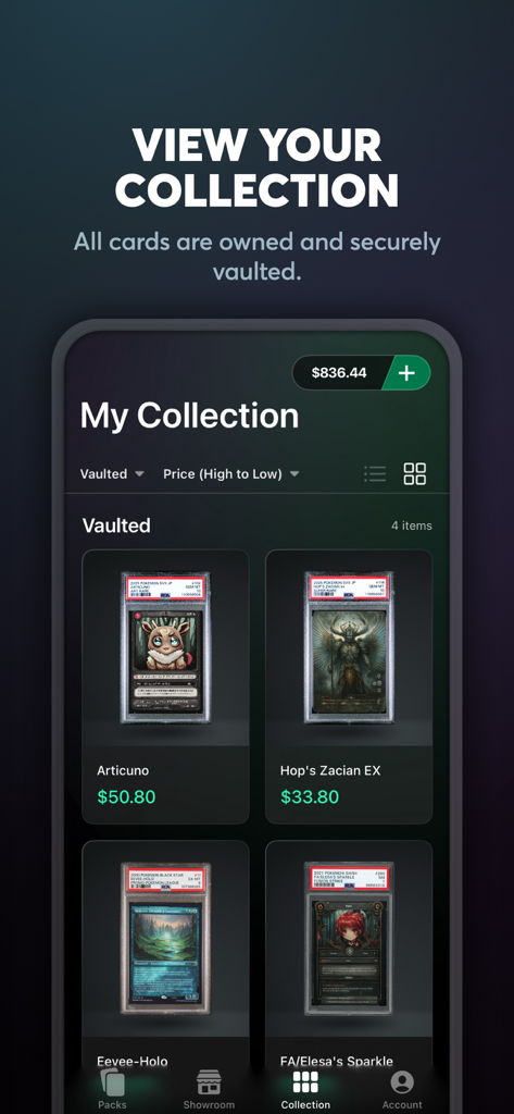 Mobile app interface for Rips by Triumph showing a collection of vaulted PSA graded trading cards with market prices