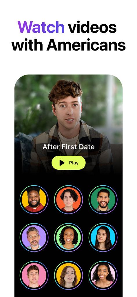 Lola Speak: English Practice - Lola Speak app interface showing a video lesson titled After First Date with diverse native American speakers