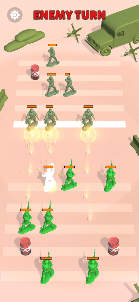Toy Soldiers 3D - Top down gameplay view of Toy Soldiers 3D showing green plastic army men in a strategic battle on a sand-colored field during an enemy turn.
