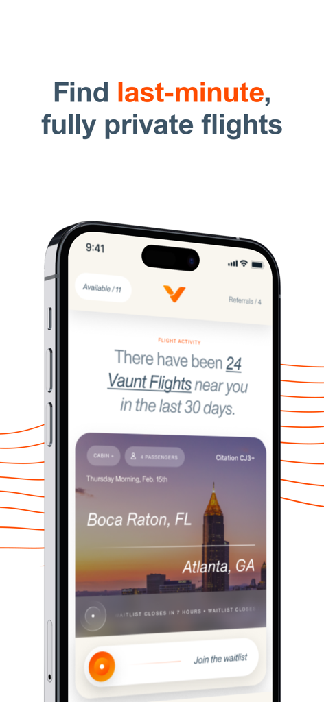 Fly Vaunt app interface showing a private flight booking from Boca Raton to Atlanta.