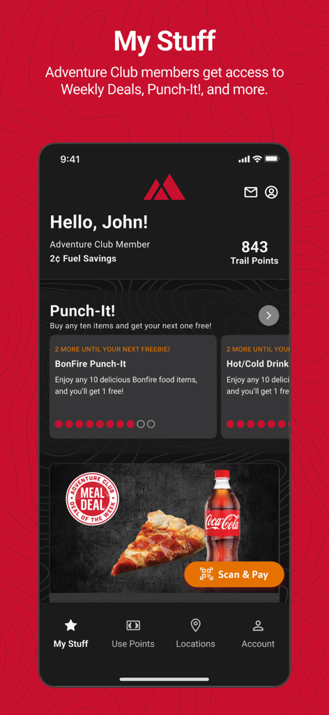 Maverik Rewards - Maverik Rewards app screen showing user points fuel savings and digital punch cards