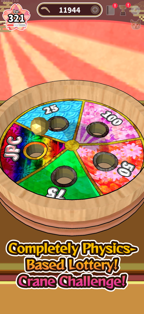 Jako Collection - A colorful 3D physics based lottery wheel with a golden orb in the Jako Collection mobile game