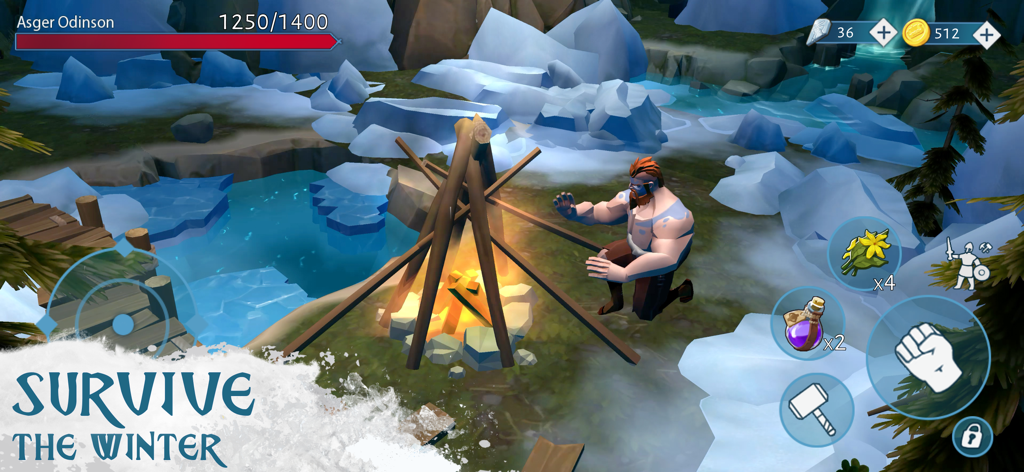 Vinland Tales: Viking Survival - Un personaje vikingo se calienta junto a una fogata en un paisaje nevado de invierno.