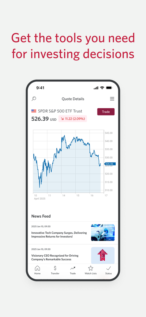 CIBC Mobile Wealth - Application CIBC Mobile Wealth montrant une cotation boursière détaillée pour le FNB S&P 500 avec un graphique de performance et un flux d'actualités intégré.