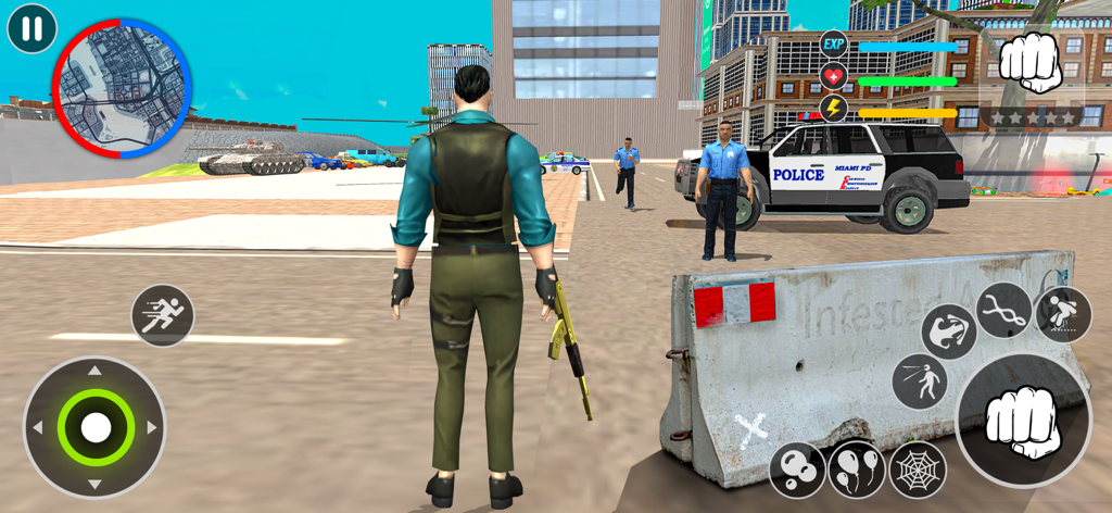 Vista en tercera persona de un personaje con una pistola dorada enfrentándose a la policía en un entorno urbano