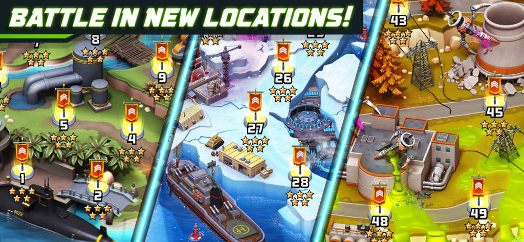 Una exhibición de diferentes niveles y terrenos del juego en Alien Creeps TD, incluyendo selva, hielo y zonas industriales con calificaciones de estrellas.