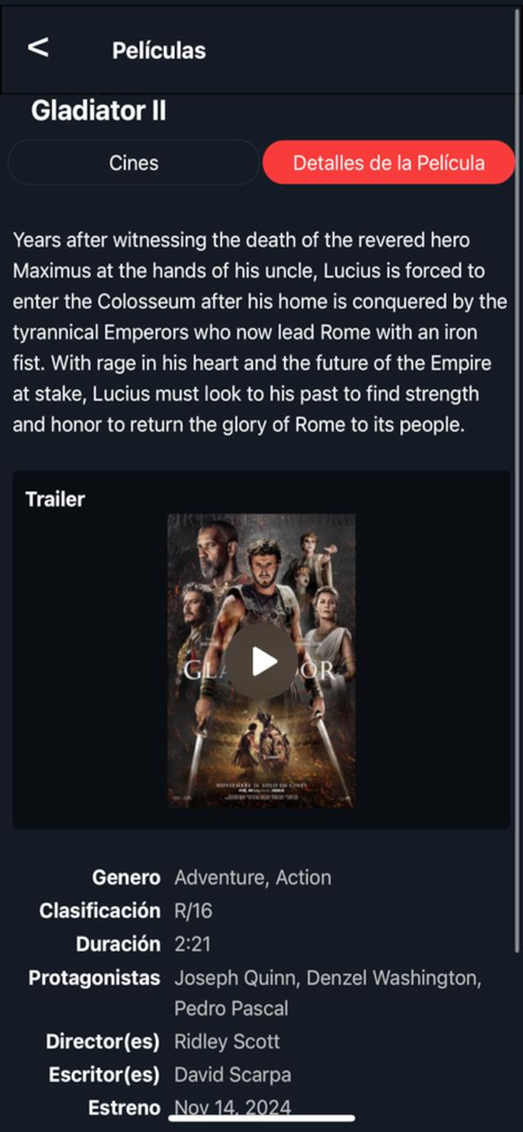 Caribbean Cinemas - Tela do aplicativo Caribbean Cinemas mostrando detalhes do filme e trailer para Gladiador II