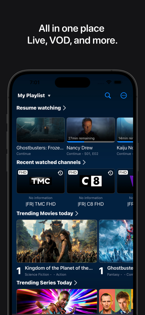 Elegantes Dashboard der IPTV Plus App mit Live-Kanälen und Video-on-Demand