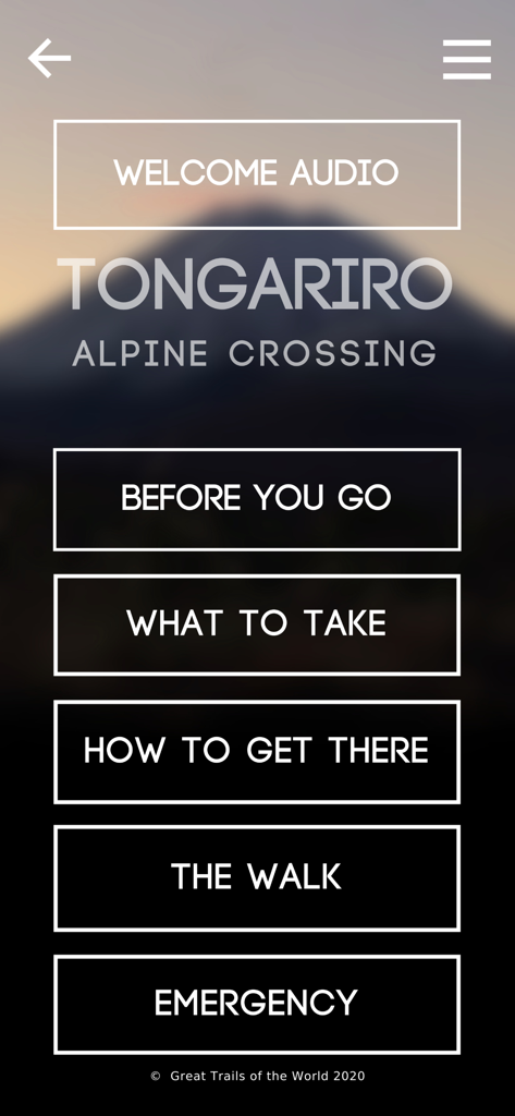 Tongariro Alpine Crossing - Main menu of the Tongariro Alpine Crossing app with navigation buttons for hiking planning and safety info