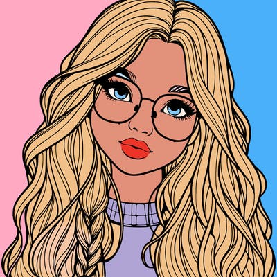 girl with long hair and freckles and glasses realistic
