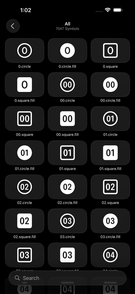 SFToolkit: SF Symbols Browser - Eine Gitteransicht, die verschiedene numerische SF Symbole in kreisförmigen und quadratischen Stilen innerhalb der SFToolkit-App-Oberfläche zeigt
