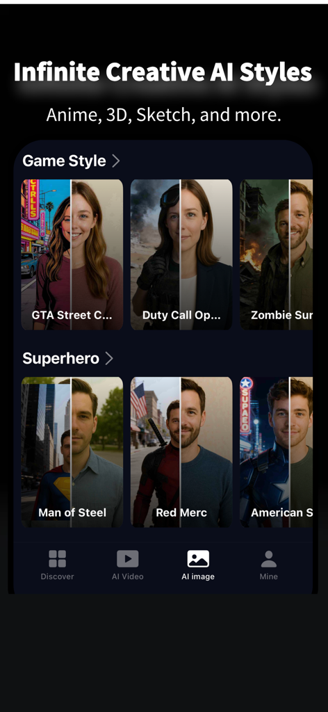 MagicLab AI – All-in-One Tools - Interfaz de la aplicación MagicLab AI mostrando filtros creativos para estilos de personajes de videojuegos y superhéroes.