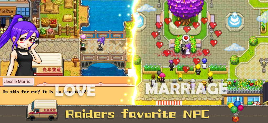 A split screen showing a character gift giving interaction and a wedding ceremony in a pixel art style
