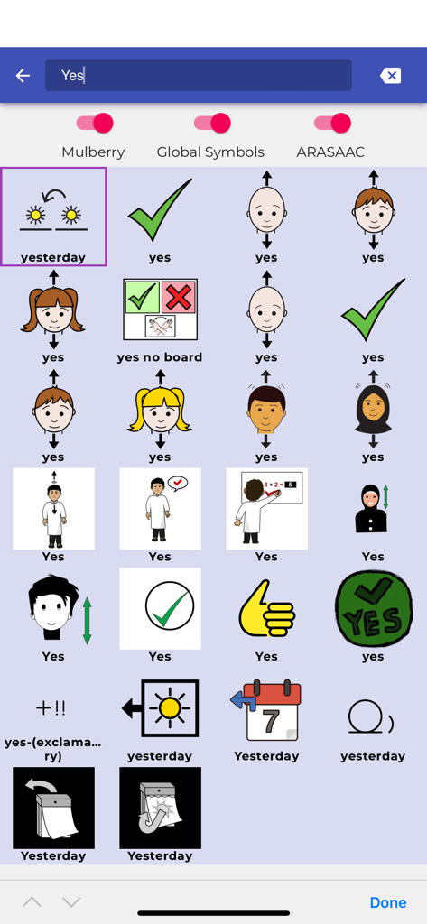 AAC Cboard APP - A library of communication symbols for the words yes and yesterday within the AAC Cboard application
